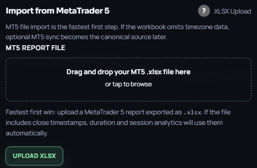 MyFXJournal import page showing upload options, import rules, and account destination controls.