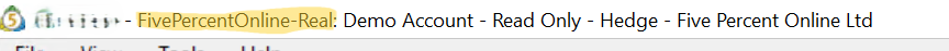 MetaTrader 5 desktop title bar example: account number, server name with hyphen, then account type and broker company name at the end