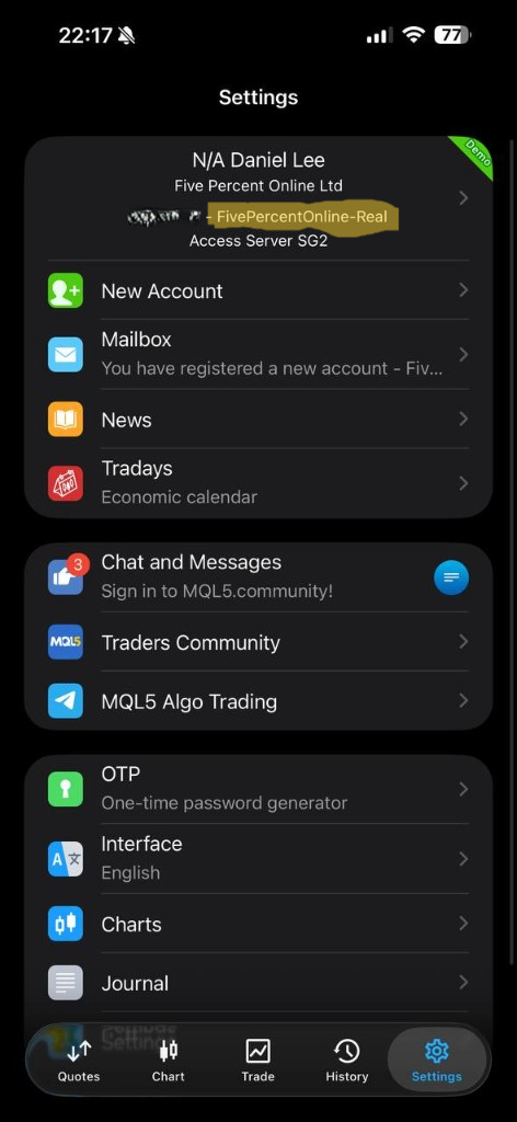MetaTrader 5 mobile Settings screen: broker name on top, then a line with account number hyphen server name