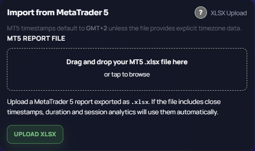 FX Journal import page showing upload options, import rules, and account destination controls.